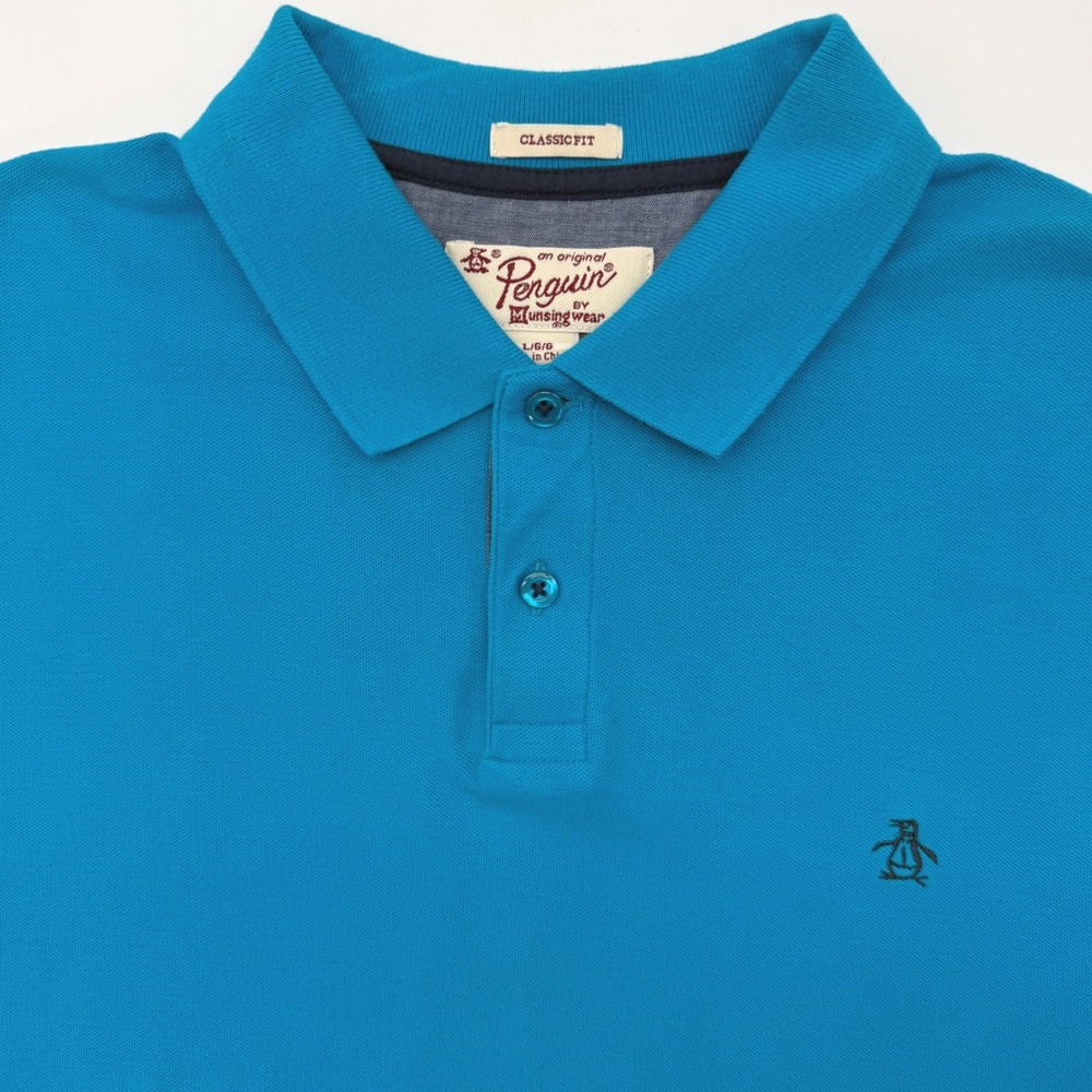 Original Penguin Polo Shirt Men Large Blue Classic Fit Pique Short‎ Sleeve Logo